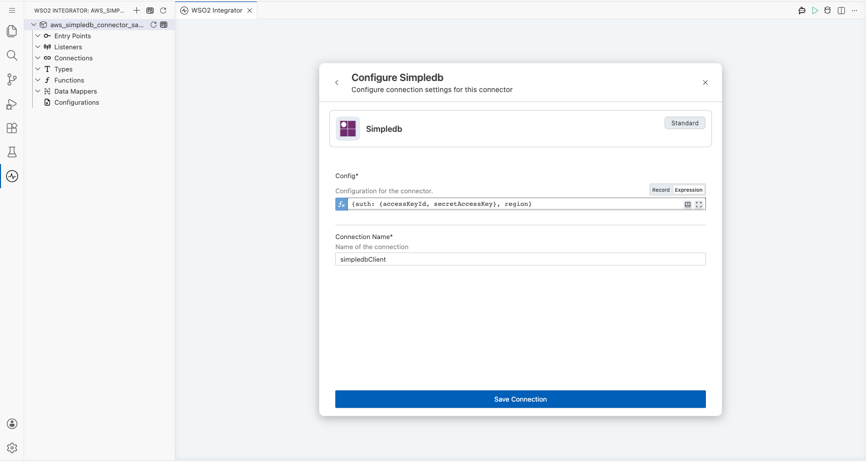 AWS SimpleDB connection form with all parameters bound before saving
