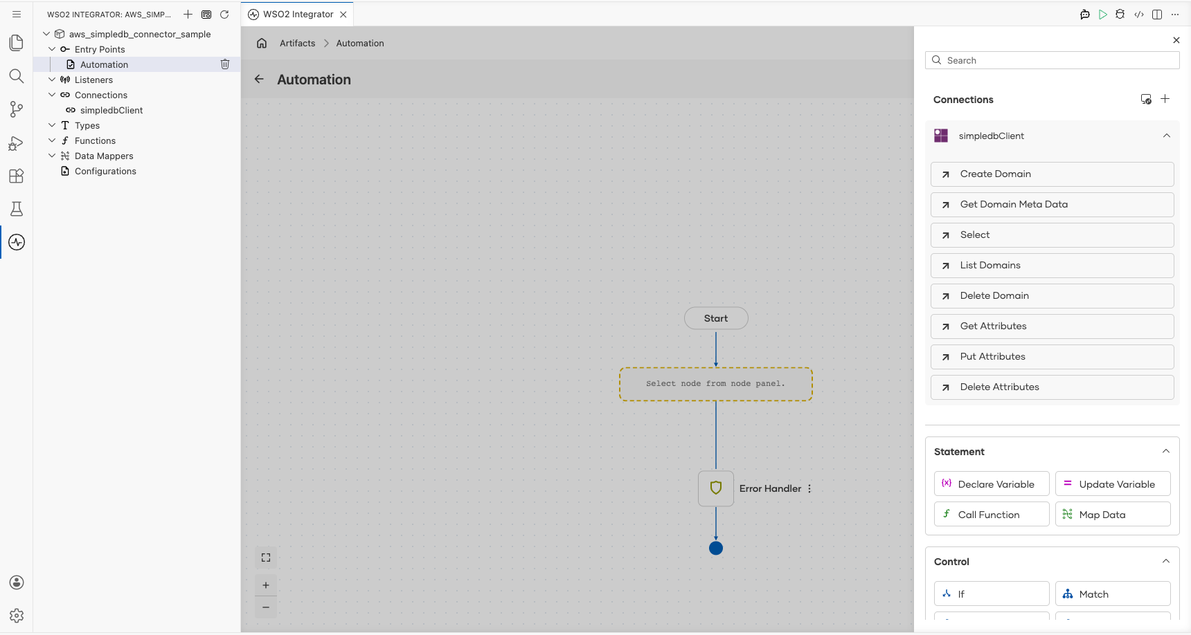 AWS SimpleDB connection expanded to display operations before selection