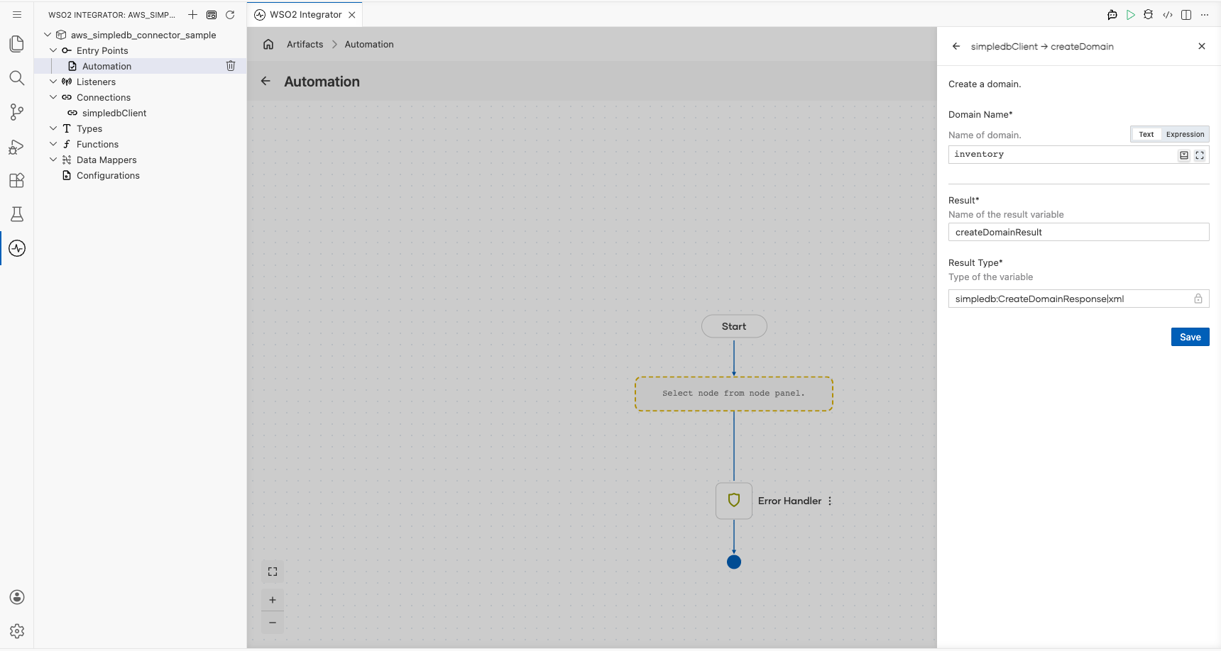 AWS SimpleDB Create Domain operation with all values entered before saving