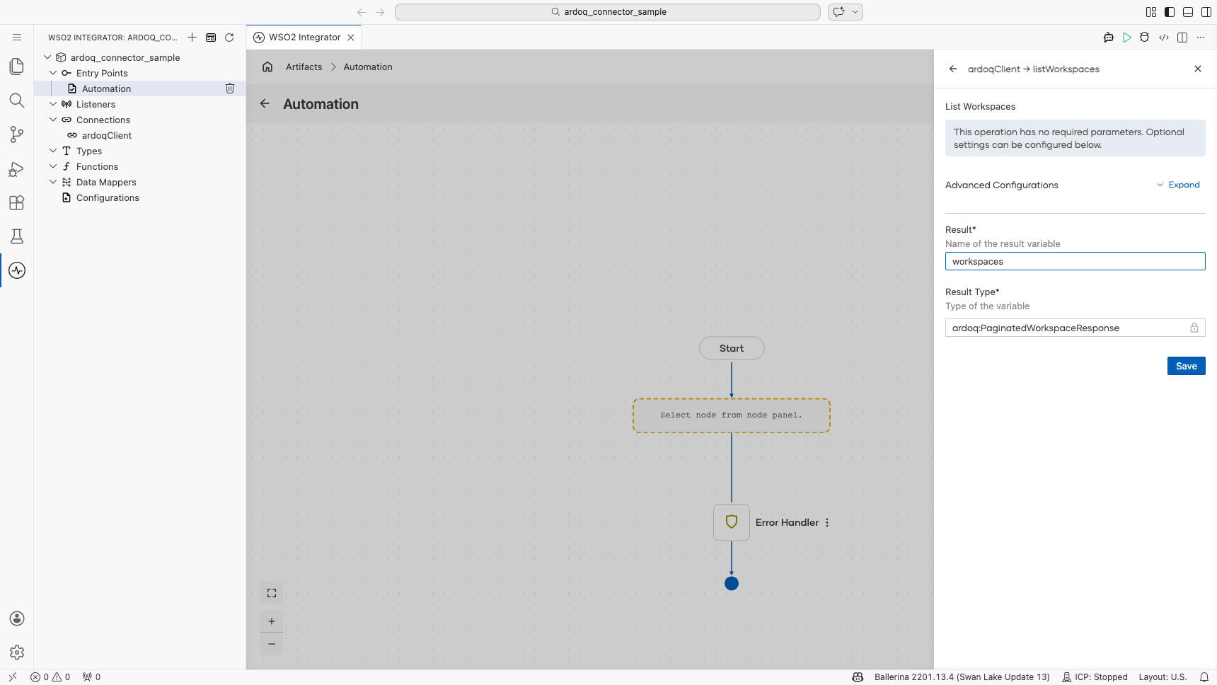 Ardoq List Workspaces operation with the result variable set before saving