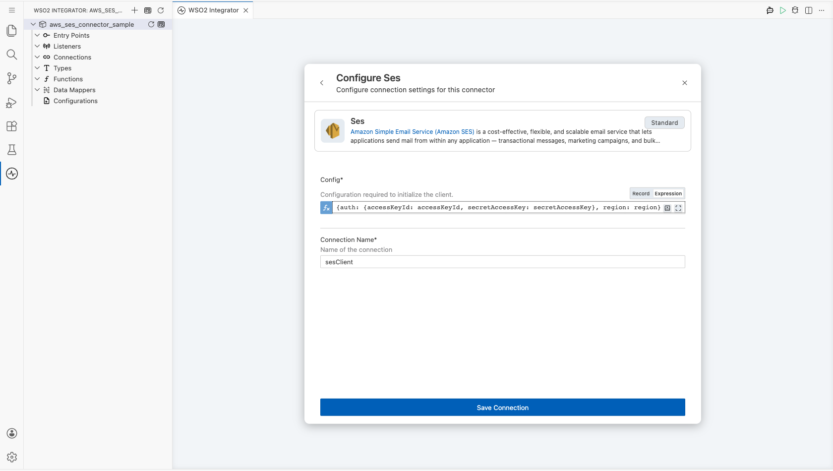 AWS SES connection form with all parameters bound before saving