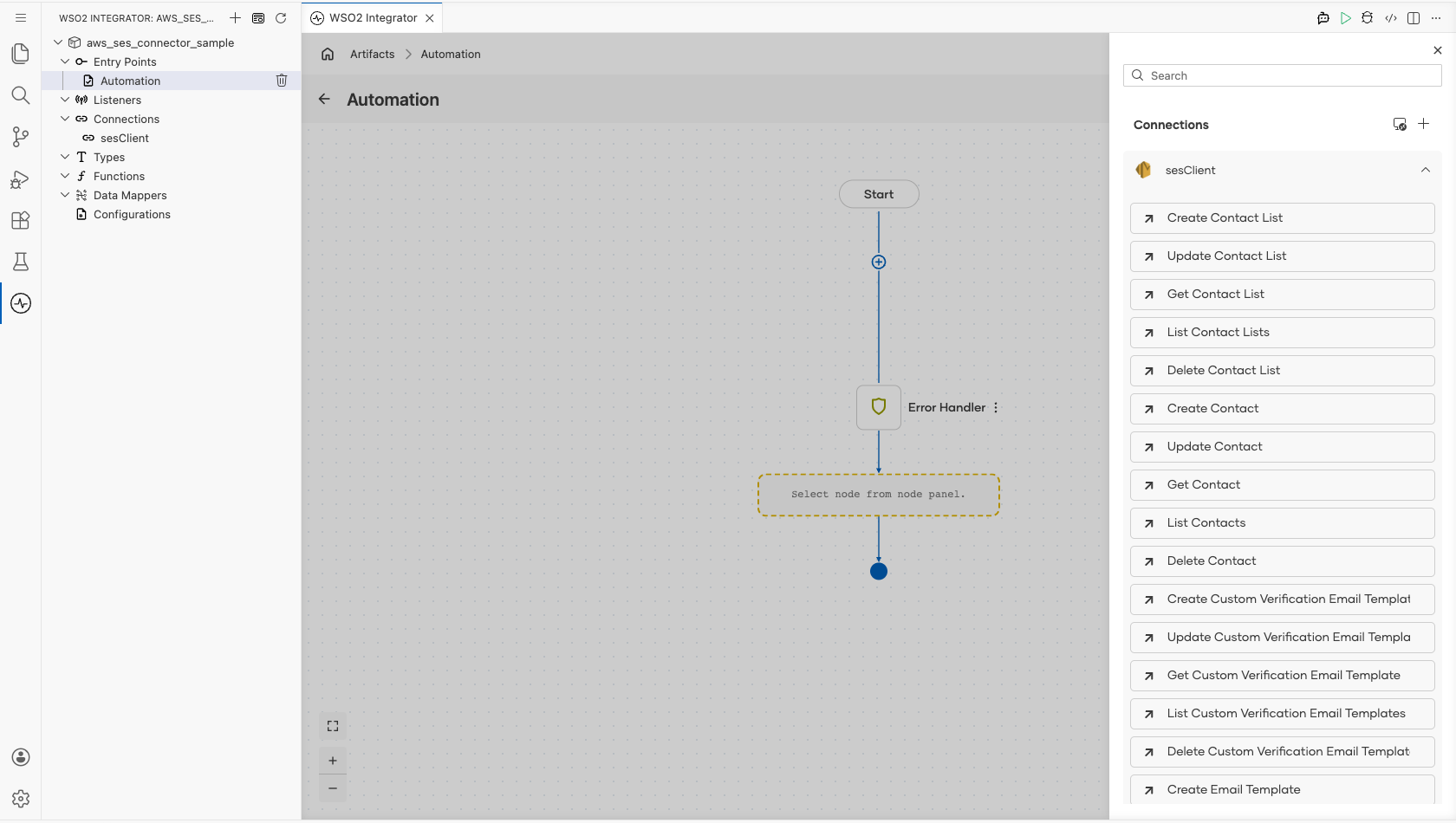 AWS SES connection expanded to display operations before selection