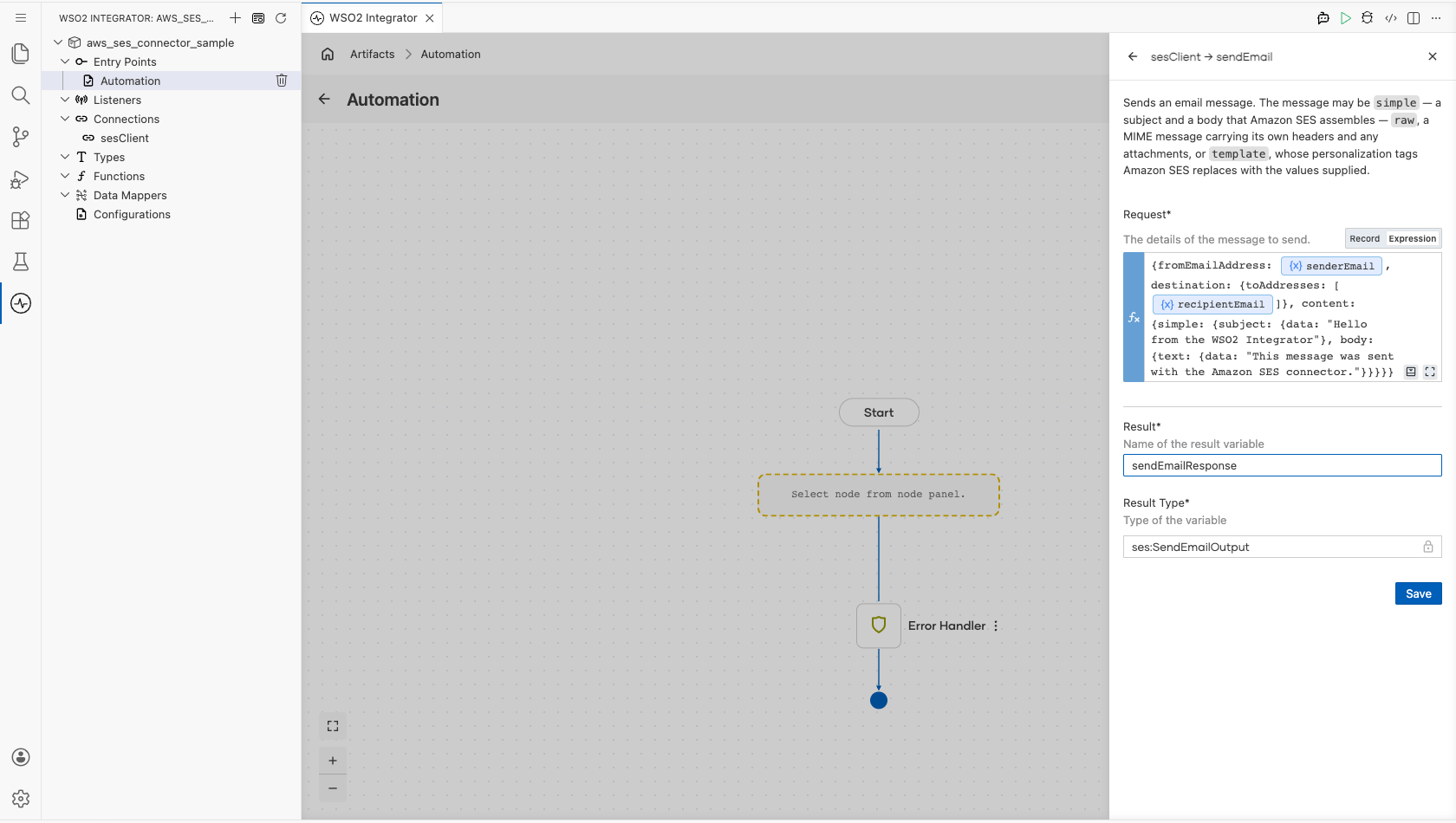 AWS SES send email operation with all values entered before saving