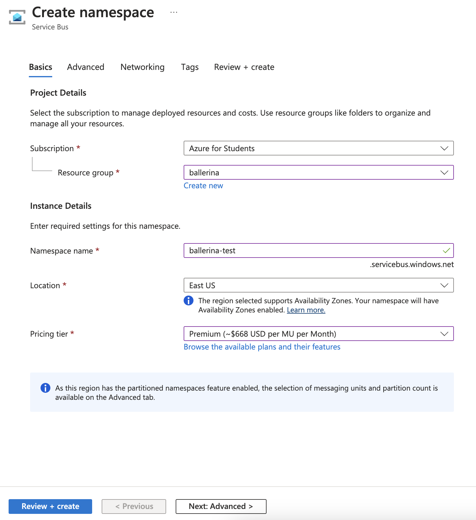Create namespace