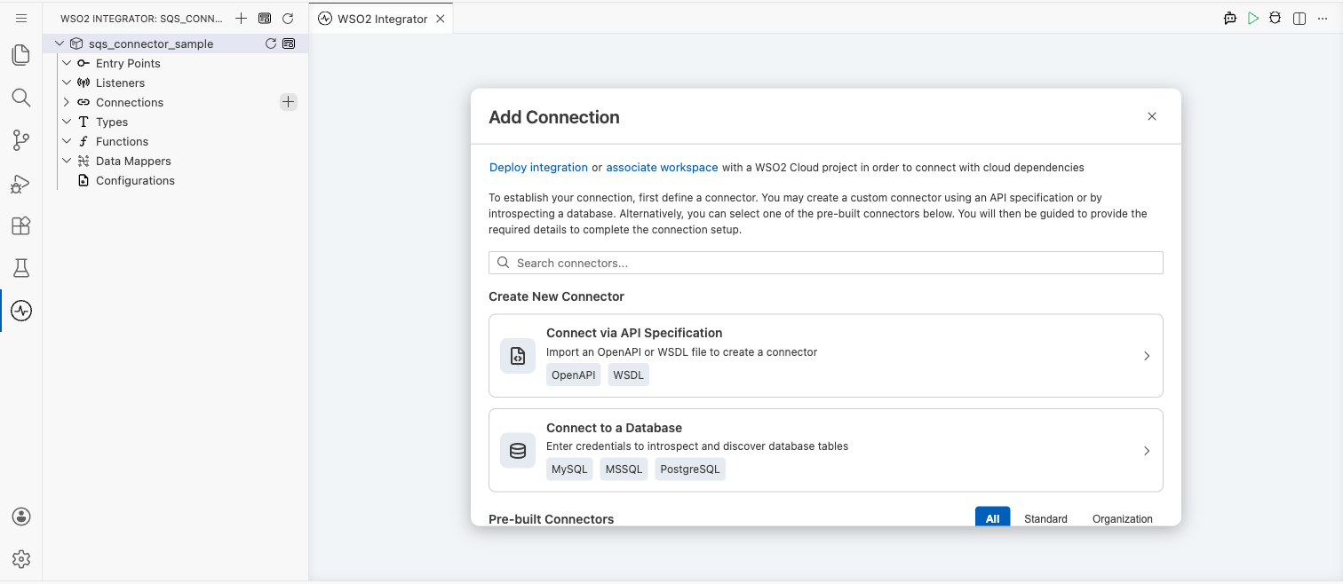 AWS SQS connector palette open before selection