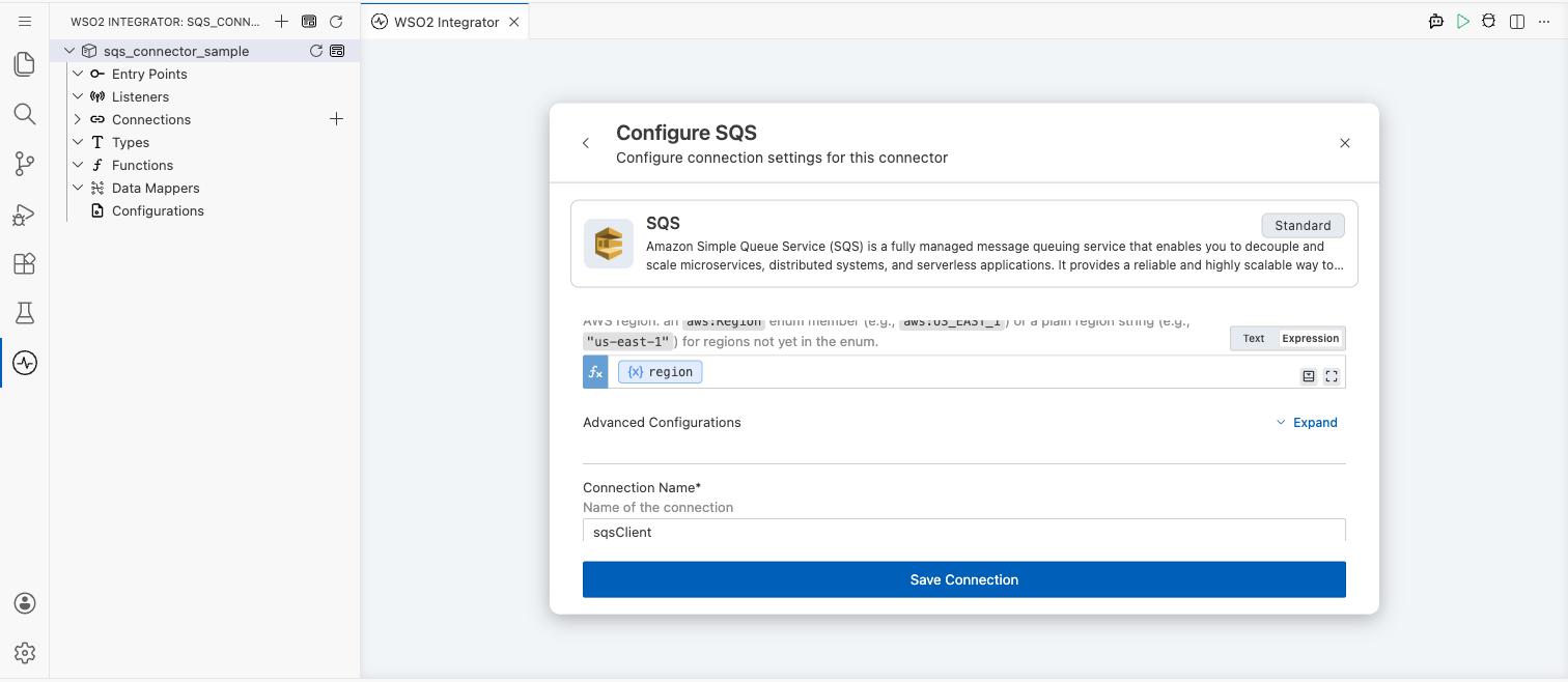 AWS SQS connection form with all parameters bound before saving