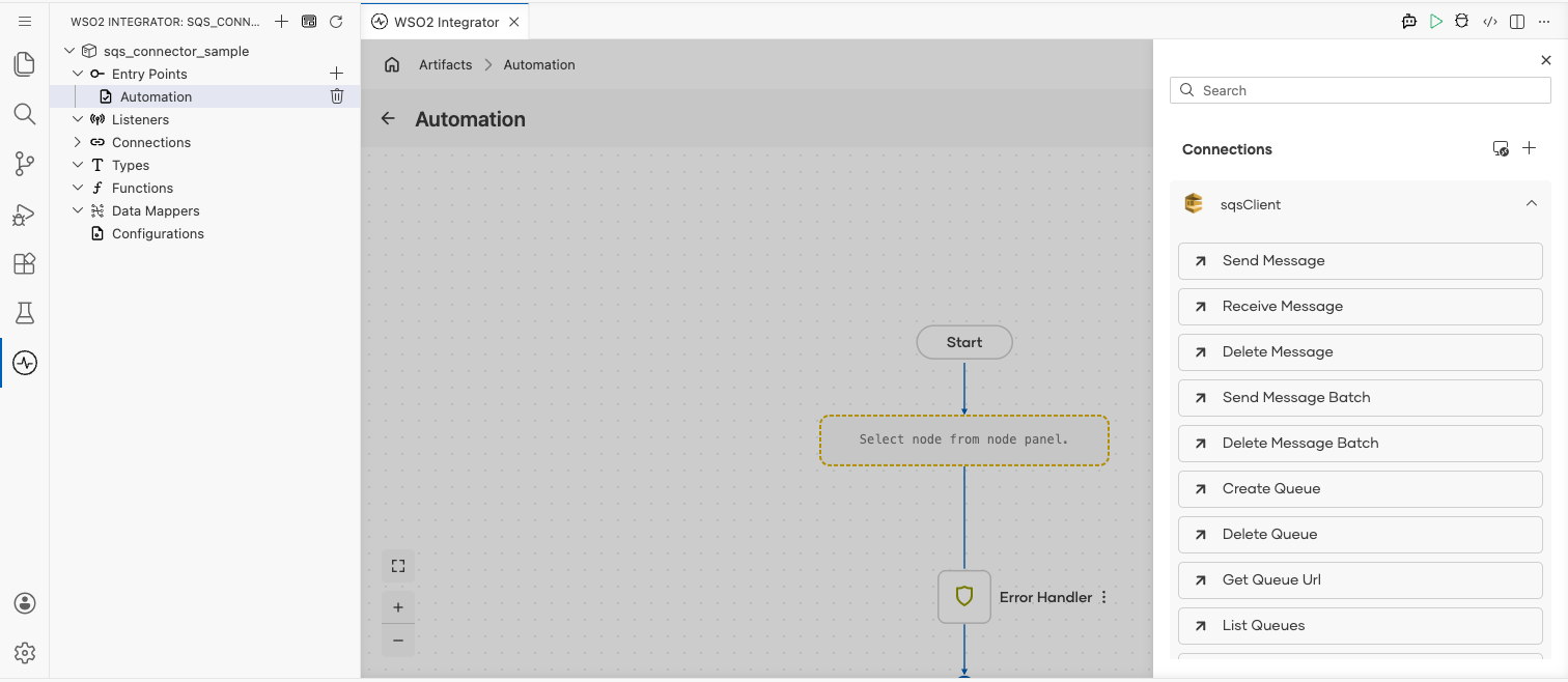 AWS SQS connection expanded to display operations before selection