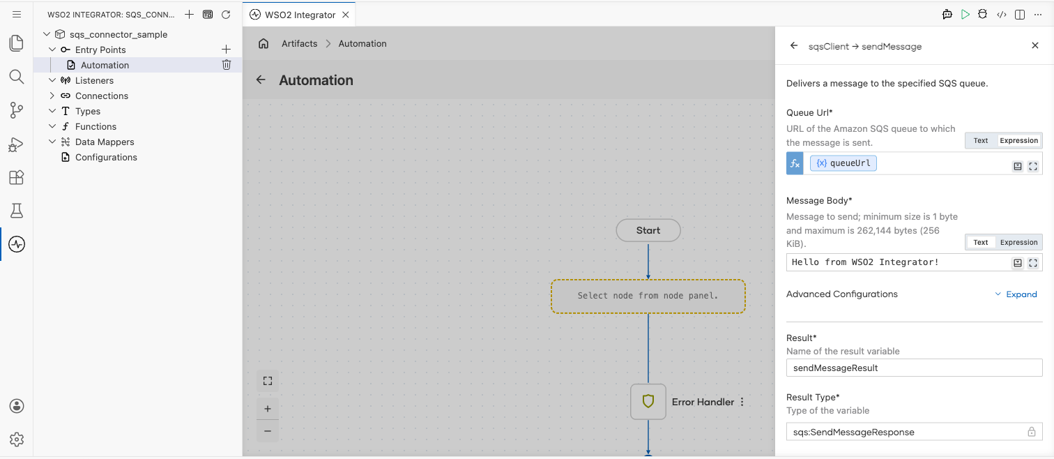 AWS SQS Send Message operation with all values entered before saving