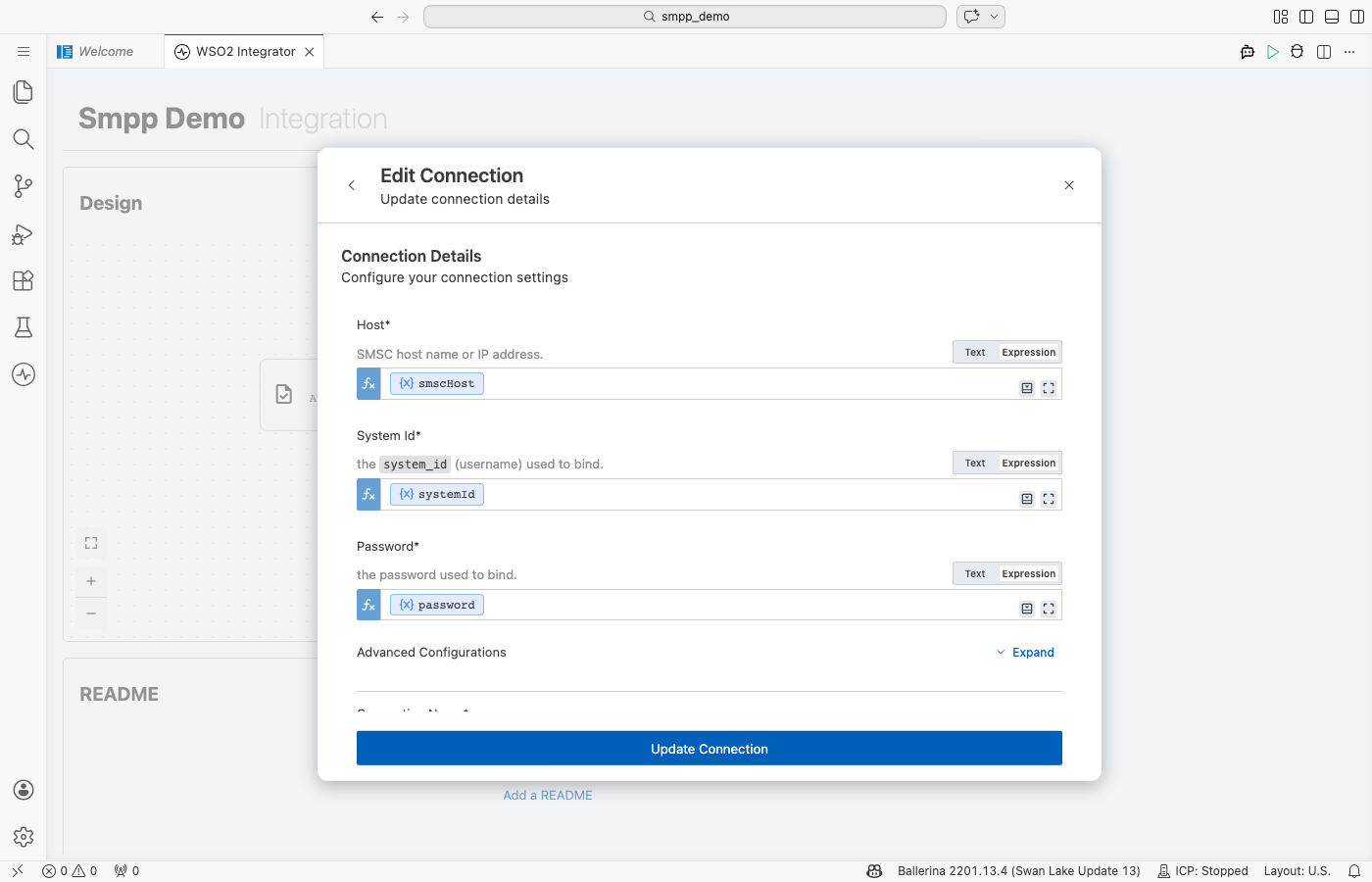 SMPP connection form with Host, System Id, and Password bound to configurable variables, before saving