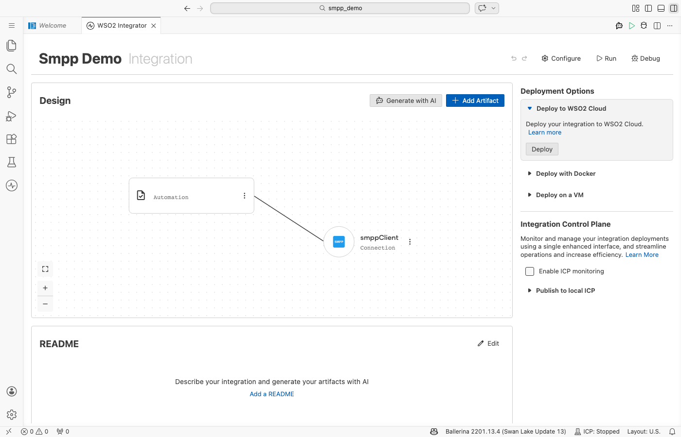 Design view showing the saved smppClient connection
