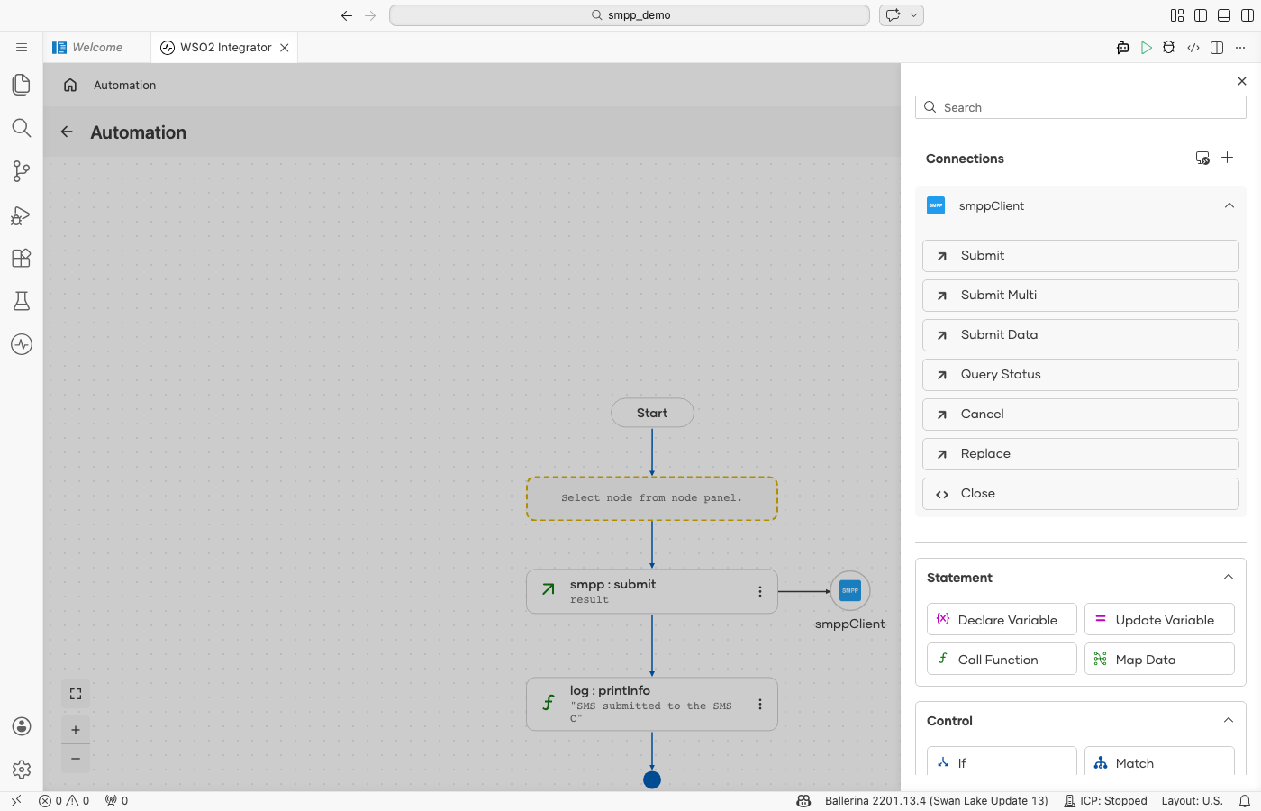Add Step panel with the smppClient connection expanded, listing the Submit, Submit Multi, Submit Data, Query Status, Cancel, Replace, and Close operations