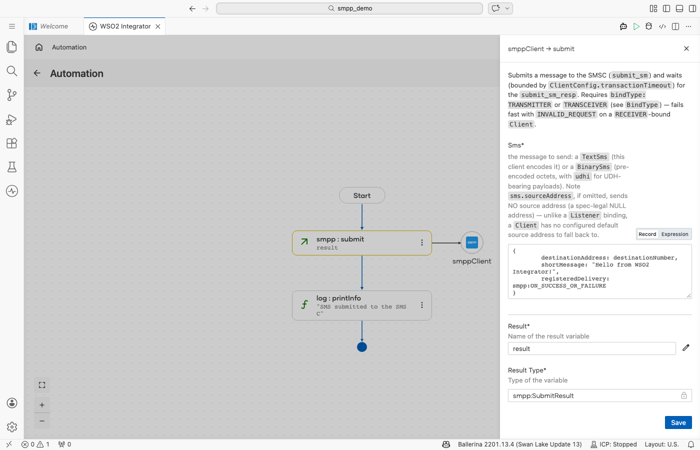 Submit operation form with the Sms record expression entered and the result variable named, before saving