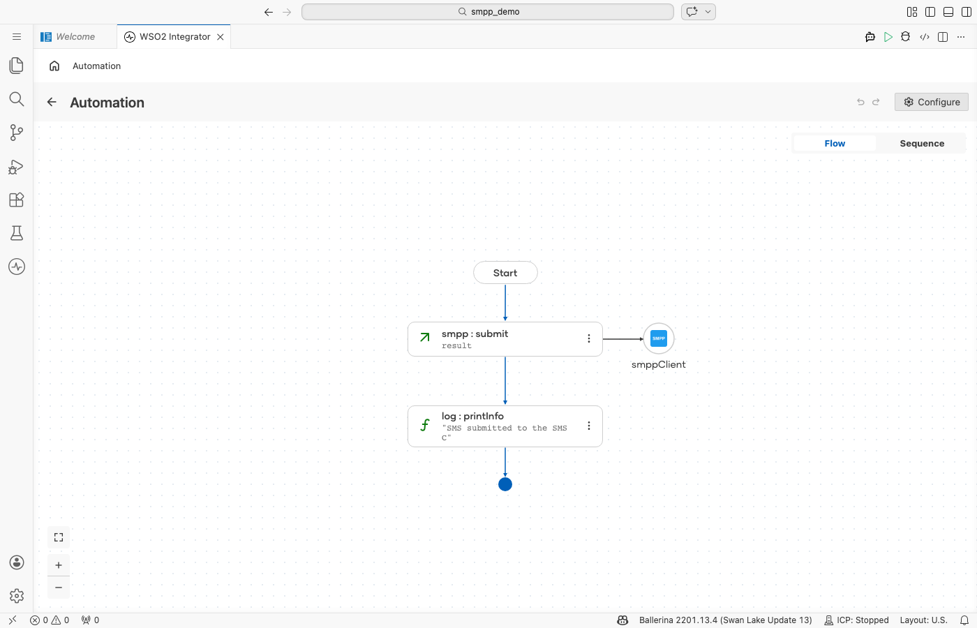 Completed automation flow showing Start, the smpp submit operation bound to smppClient, the log step, and the Error Handler