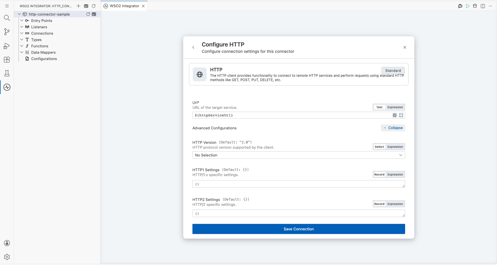 HTTP connection form fully filled with all parameters before saving