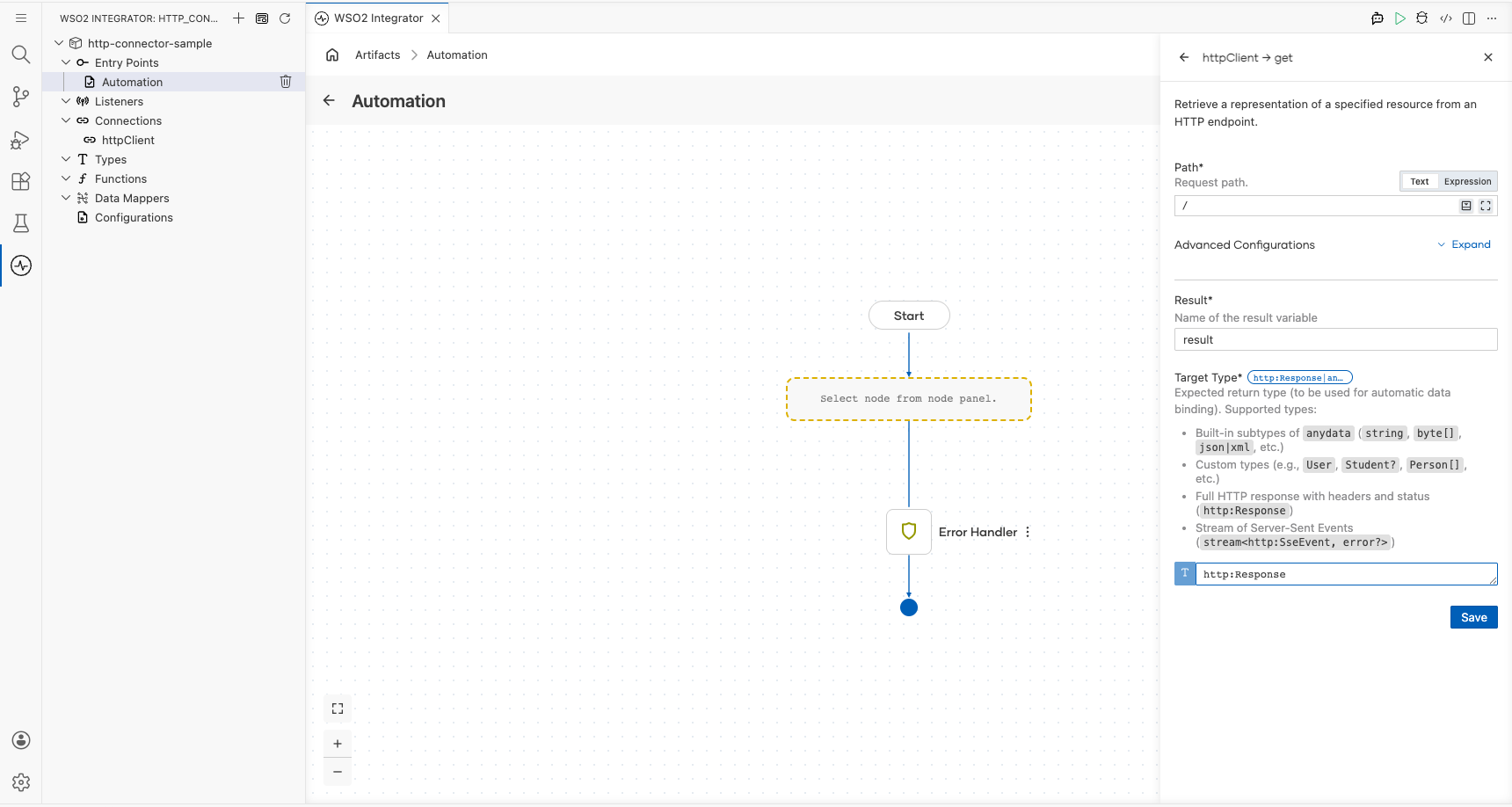 HTTP get operation configuration filled with all values