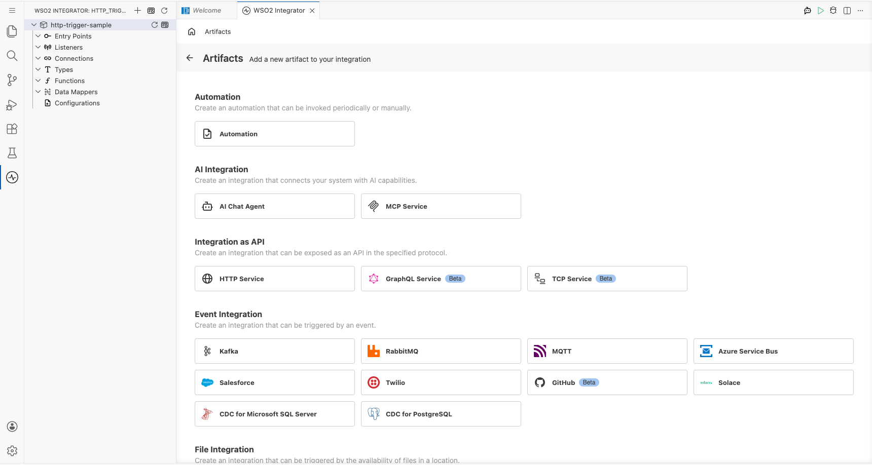 Artifacts palette open showing the Integration as API category with the HTTP Service card visible