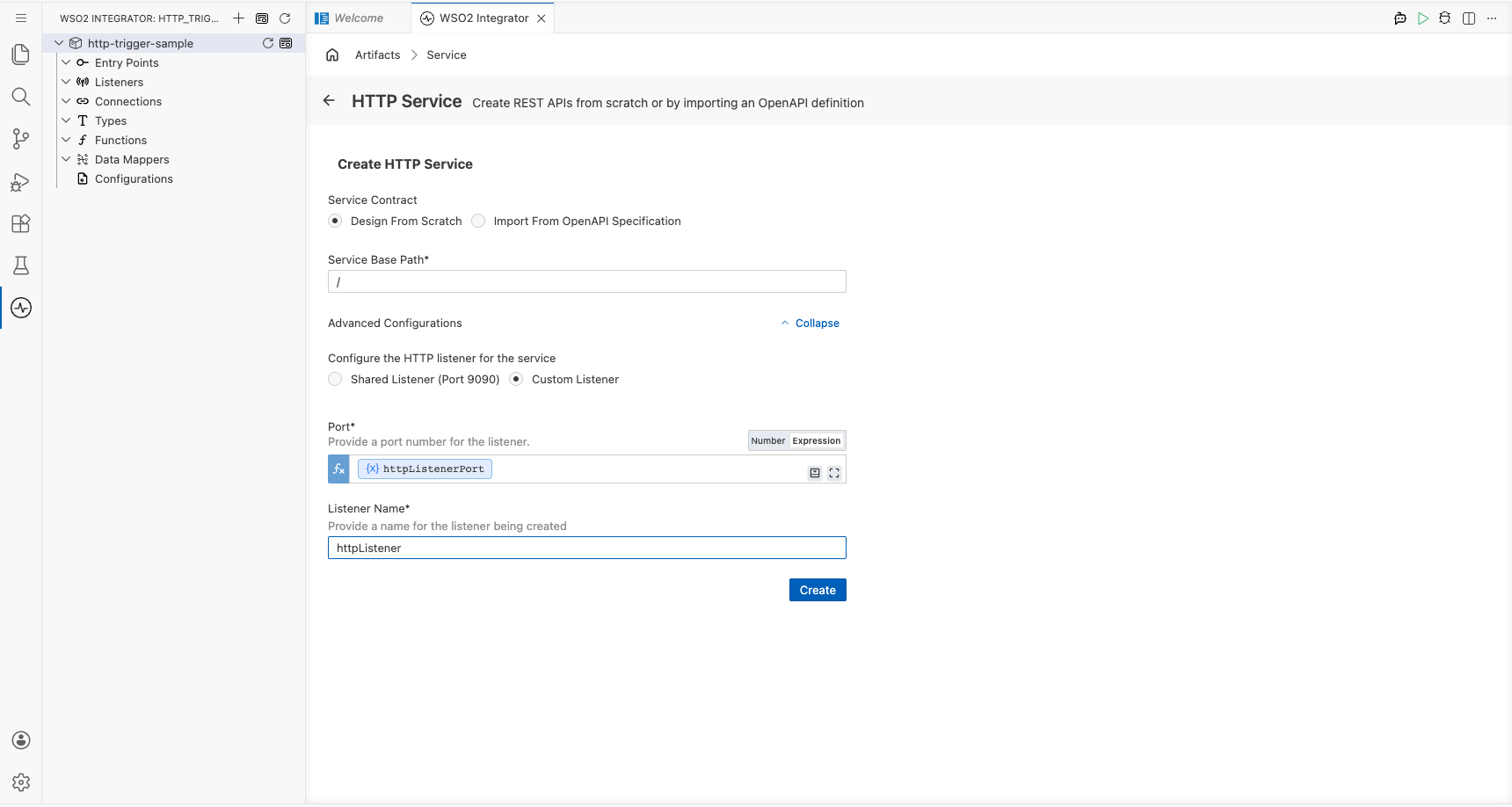 HTTP Service trigger configuration form with the Port field bound to the httpListenerPort configuration variable, before selecting Create