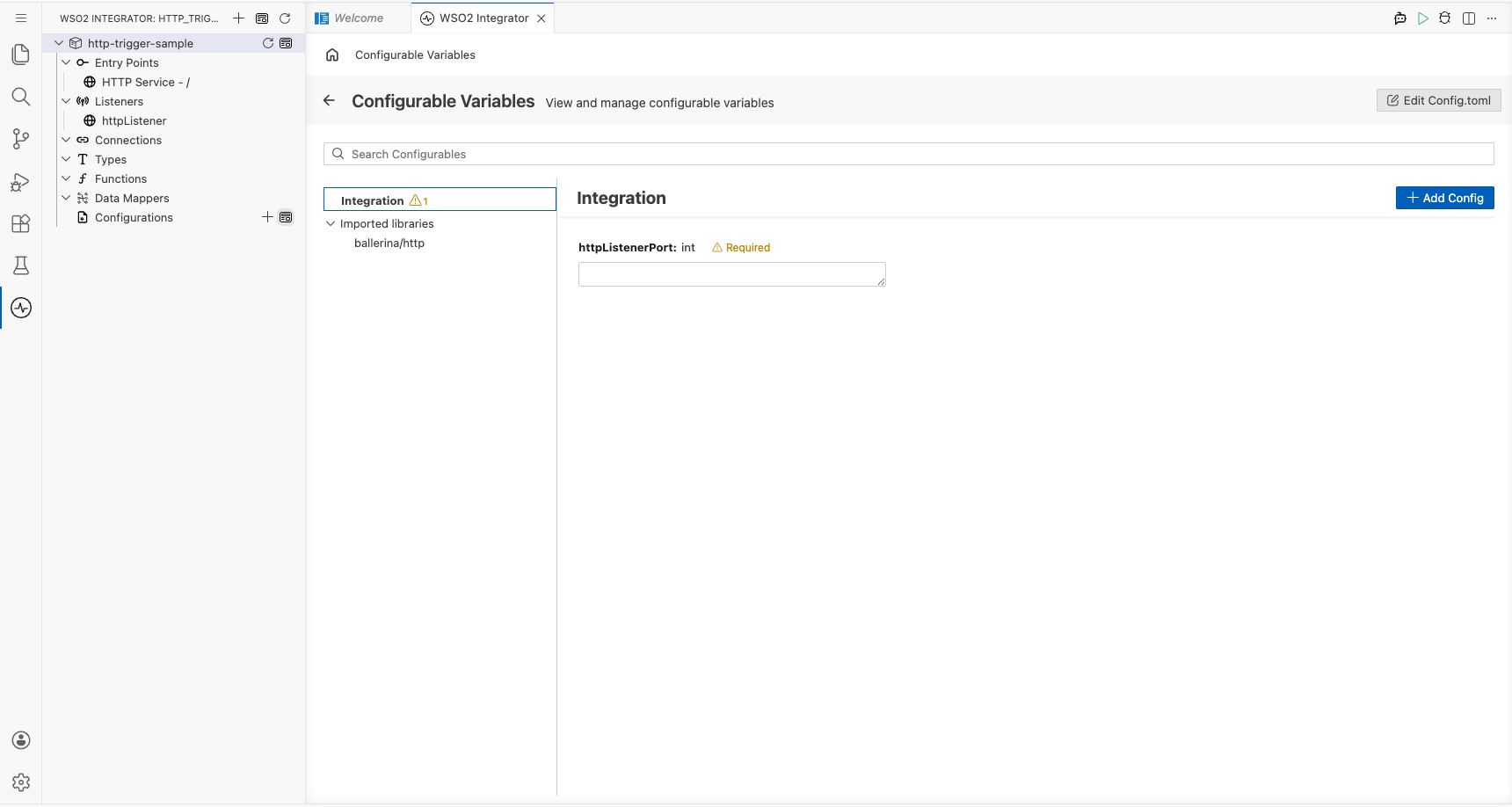 Configurable Variables panel open showing the httpListenerPort variable listed with an empty Required value field