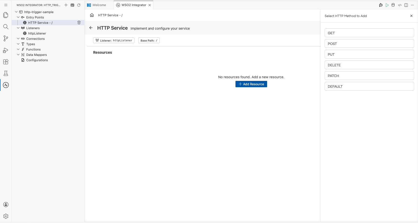 HTTP Service view with the Select HTTP Method to Add side panel open listing available resource handler options