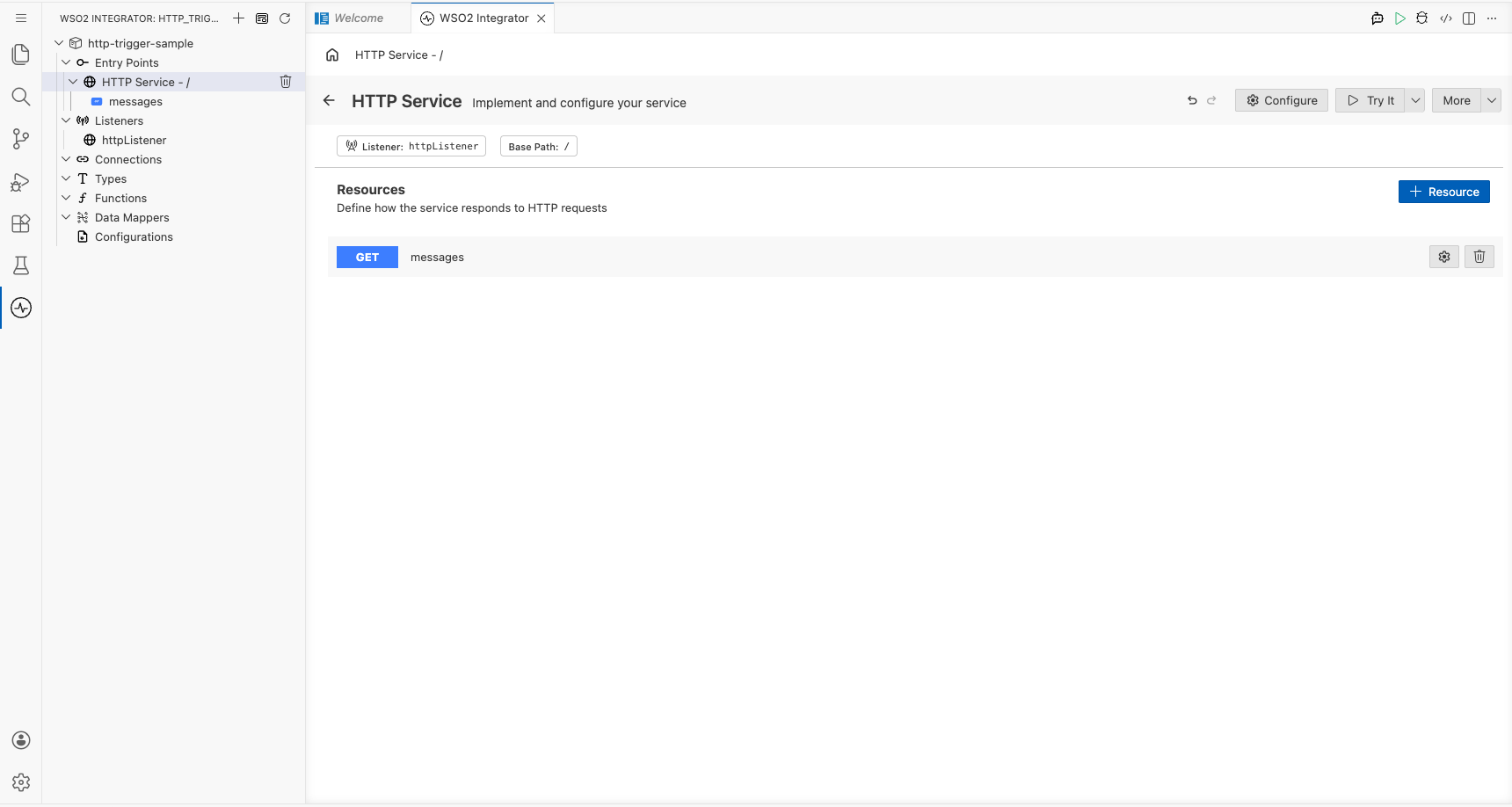 Final HTTP Service view showing the registered GET messages resource row in the Resources section