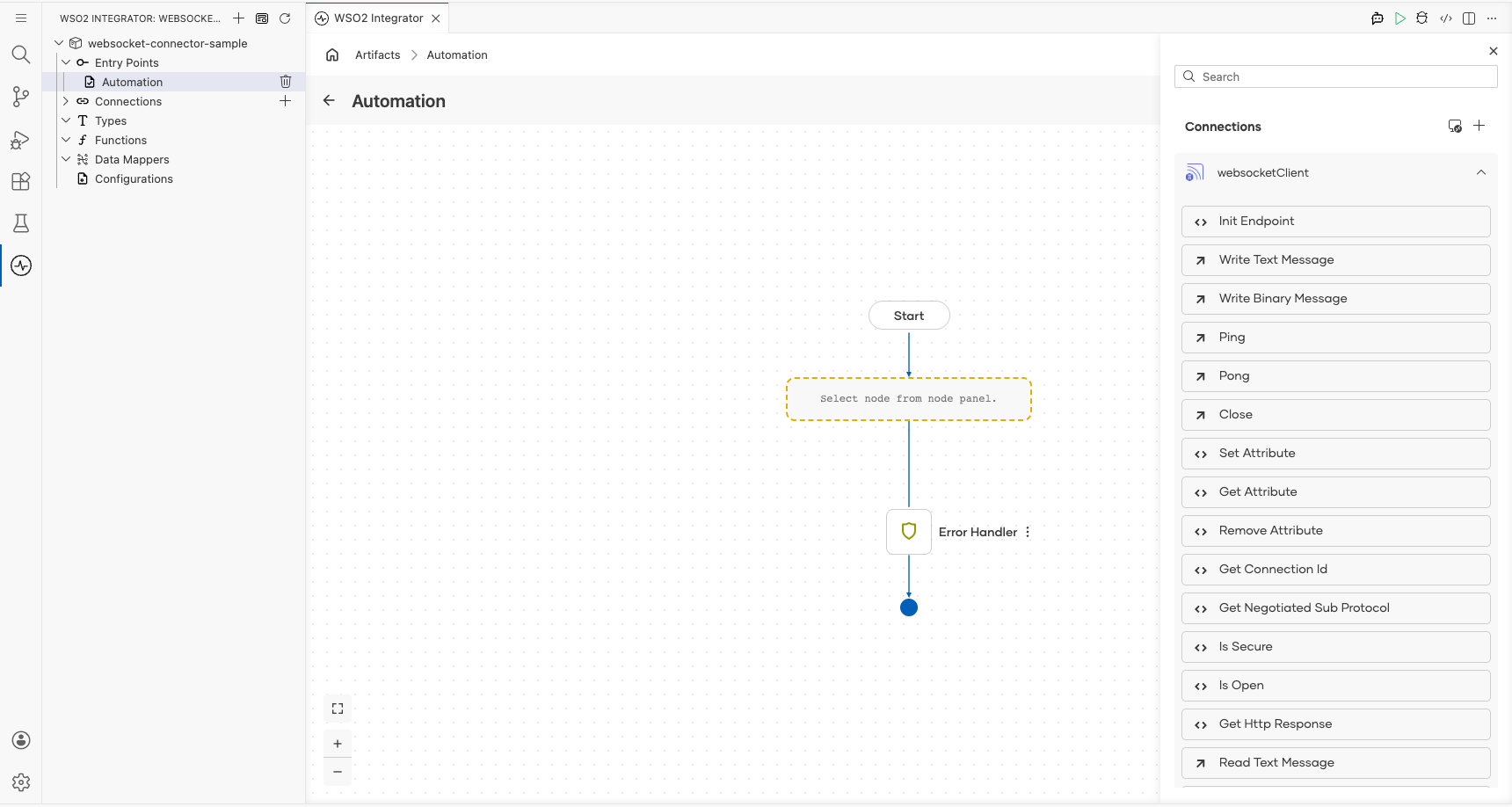 WebSocket connection node expanded showing all available operations before selection
