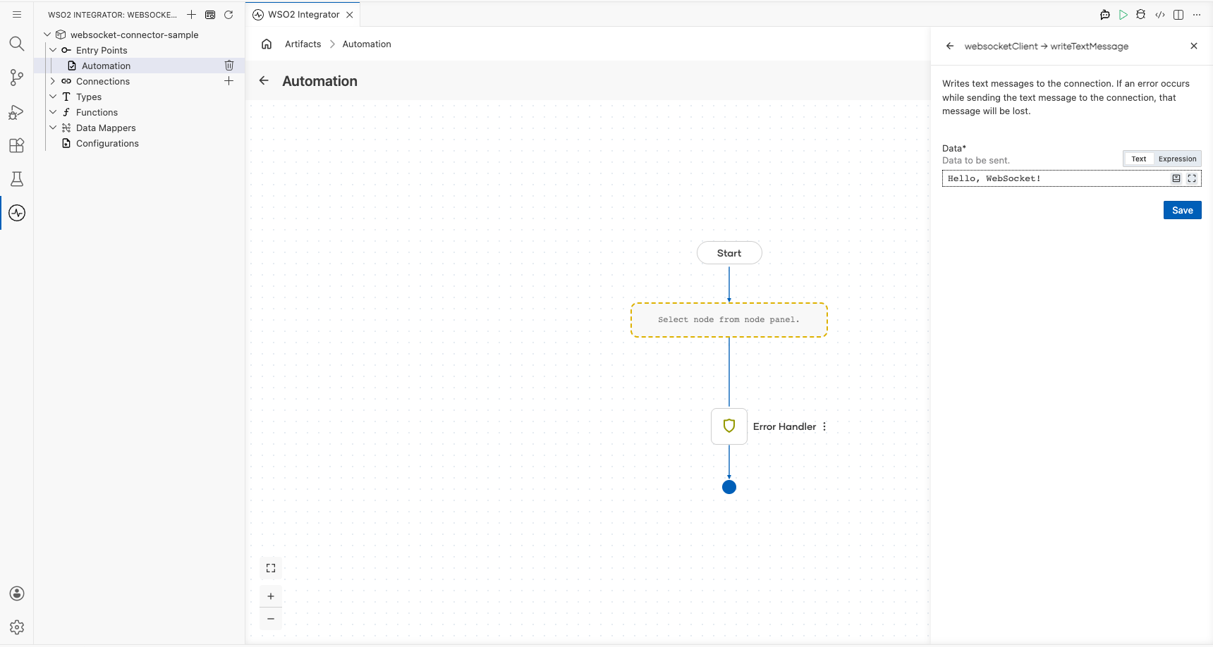 WebSocket writeTextMessage operation configuration filled with all values