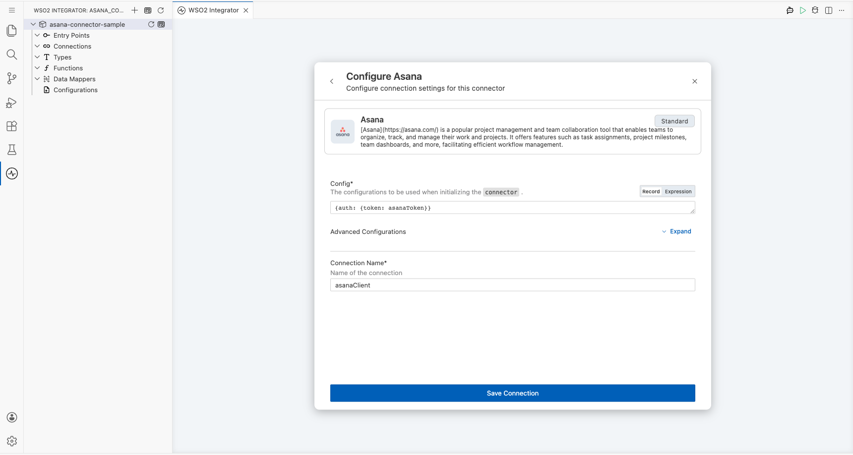 Asana connection form fully filled with all parameters before saving