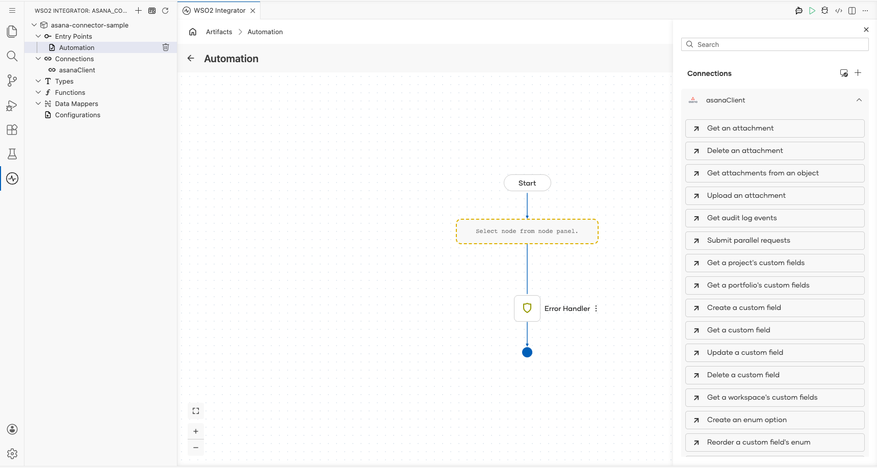 Asana connection node expanded showing all available operations before selection