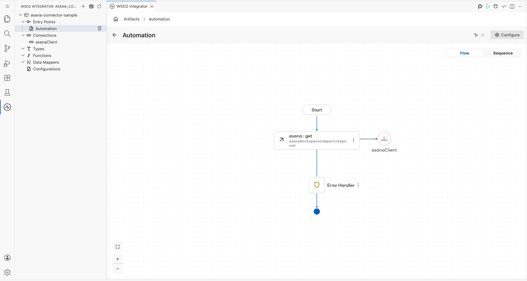 Completed Asana automation flow on the low-code canvas