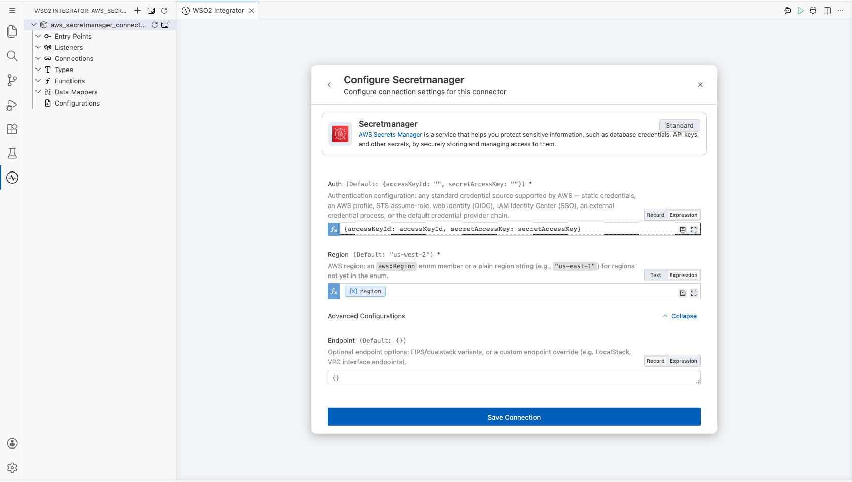 AWS Secrets Manager connection form with Auth and Region bound to configurable variables before saving