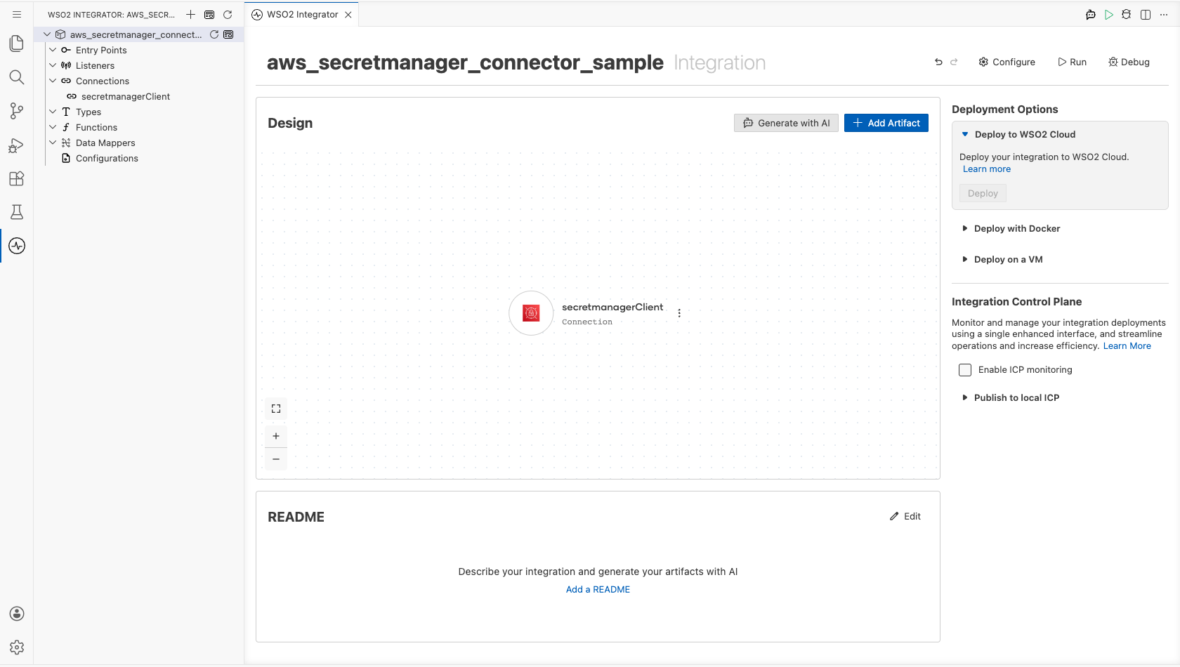 Saved secretmanagerClient connection shown on the integration design canvas and in the project tree
