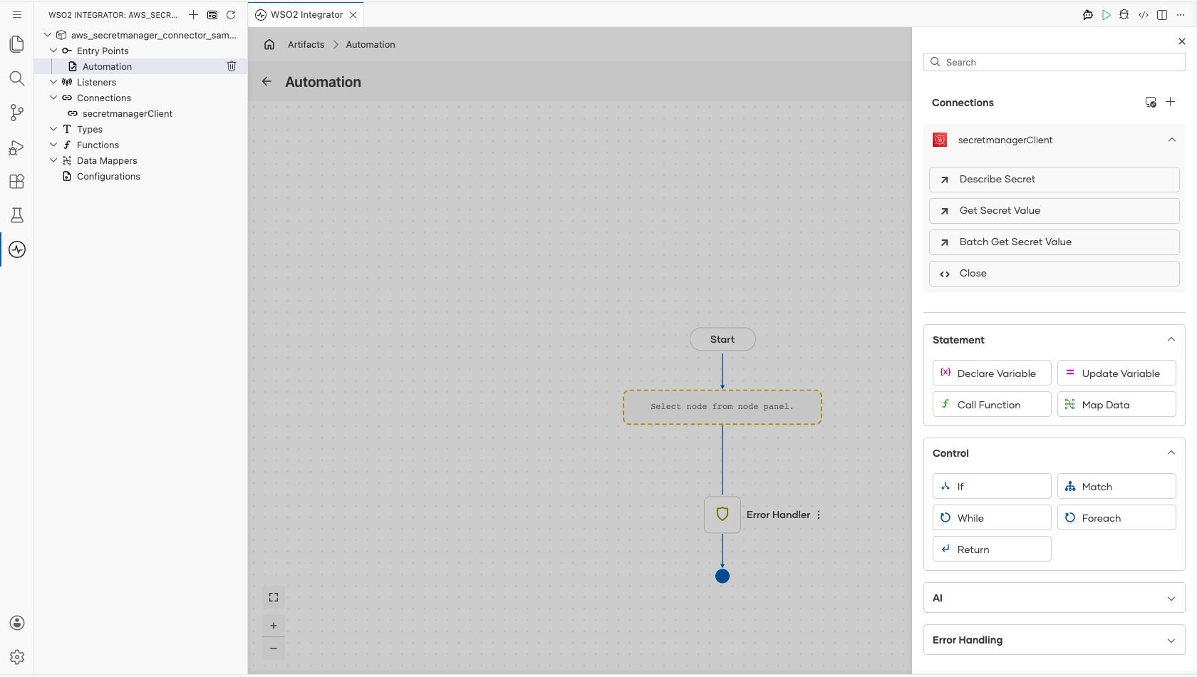 secretmanagerClient connection expanded in the node panel to display its four operations before selection