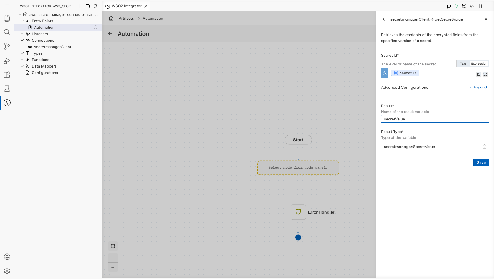 Get Secret Value operation form with the secret identifier bound and the result variable named before saving