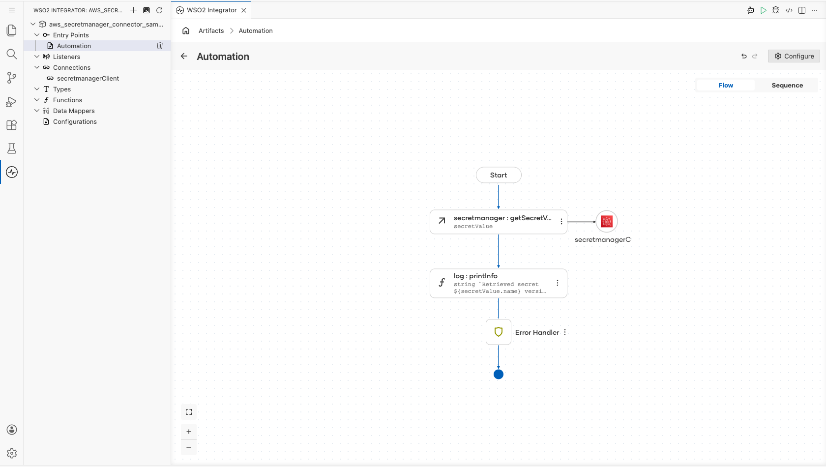 Completed automation flow with Start, the Get Secret Value operation, the log action, and Error Handler