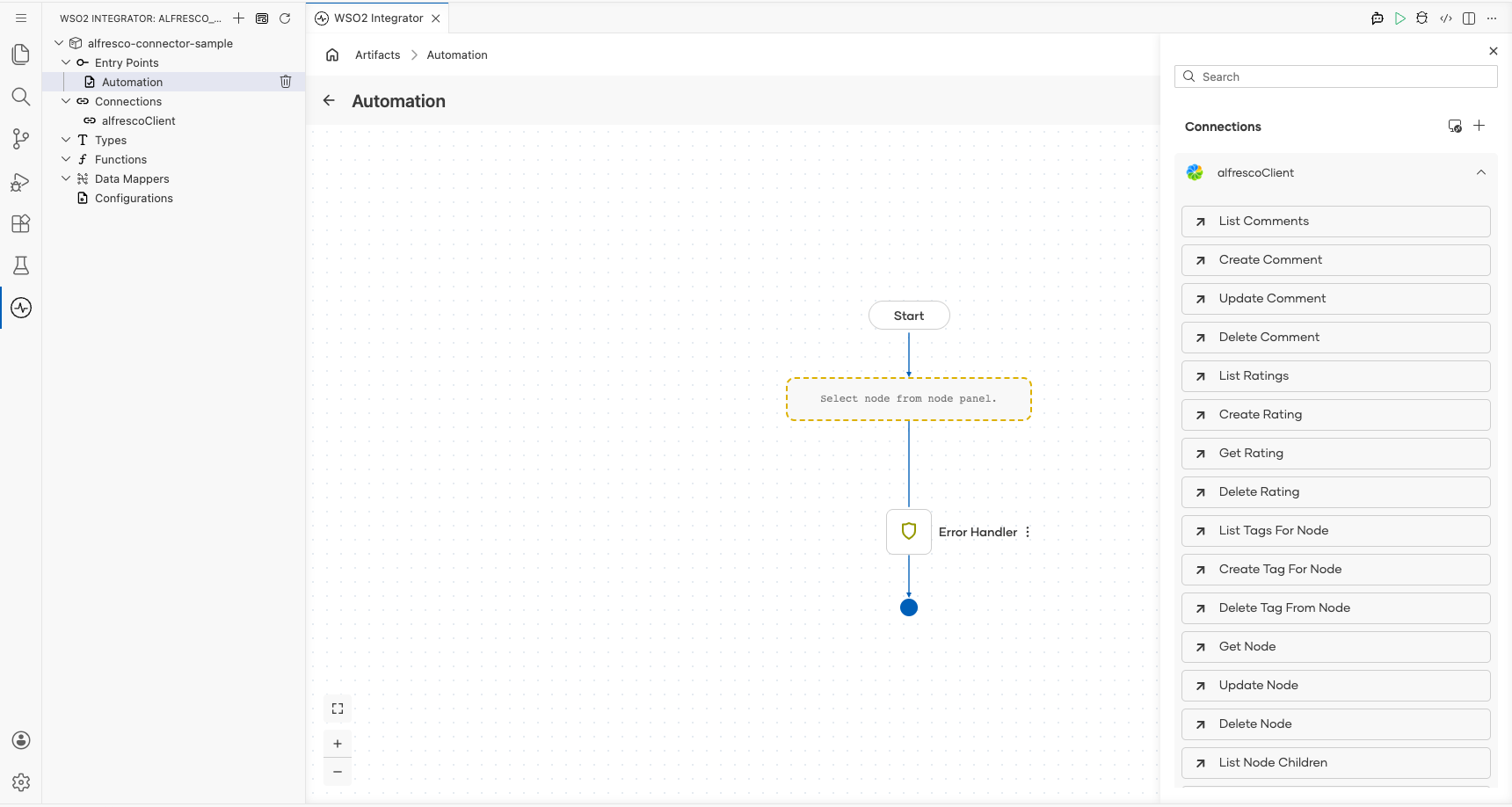 Alfresco connection node expanded showing all available operations before selection