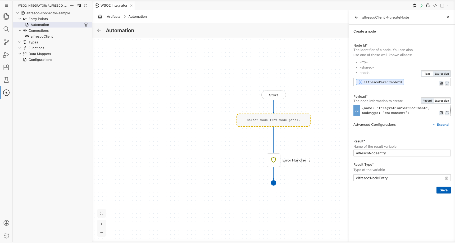 createNode operation configuration form with all fields filled