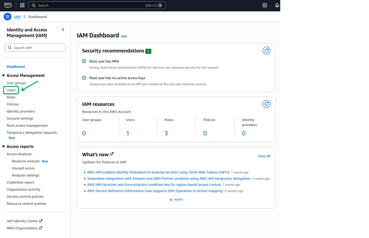 IAM Dashboard - select Users