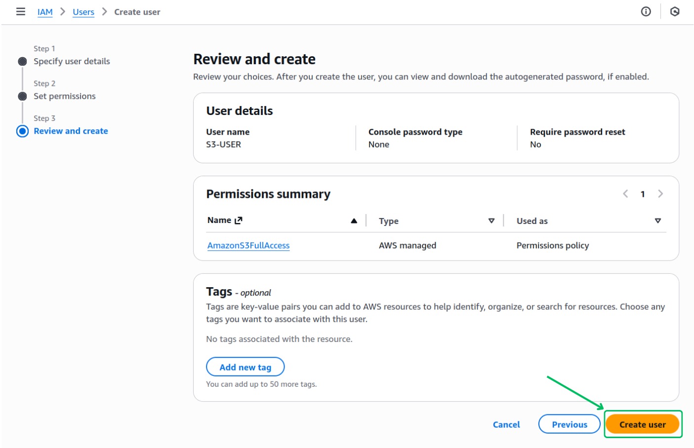 Review and create user