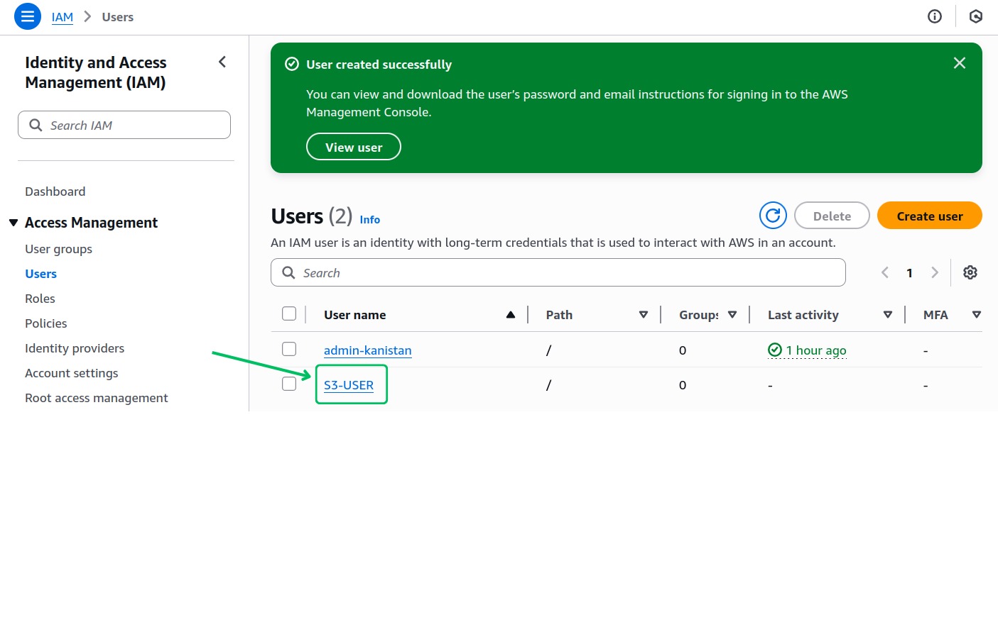 User created successfully