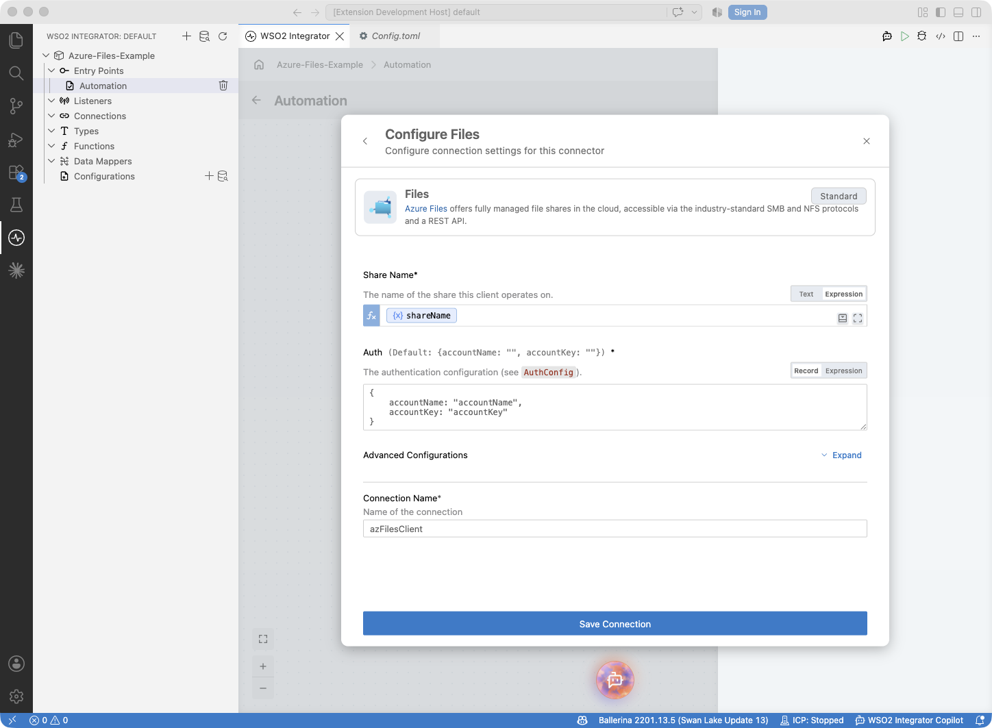 Azure Files connection form with all parameters set