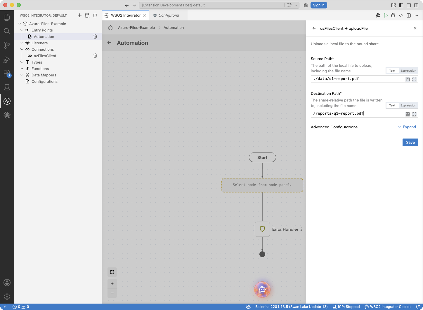 uploadFromFile operation configuration