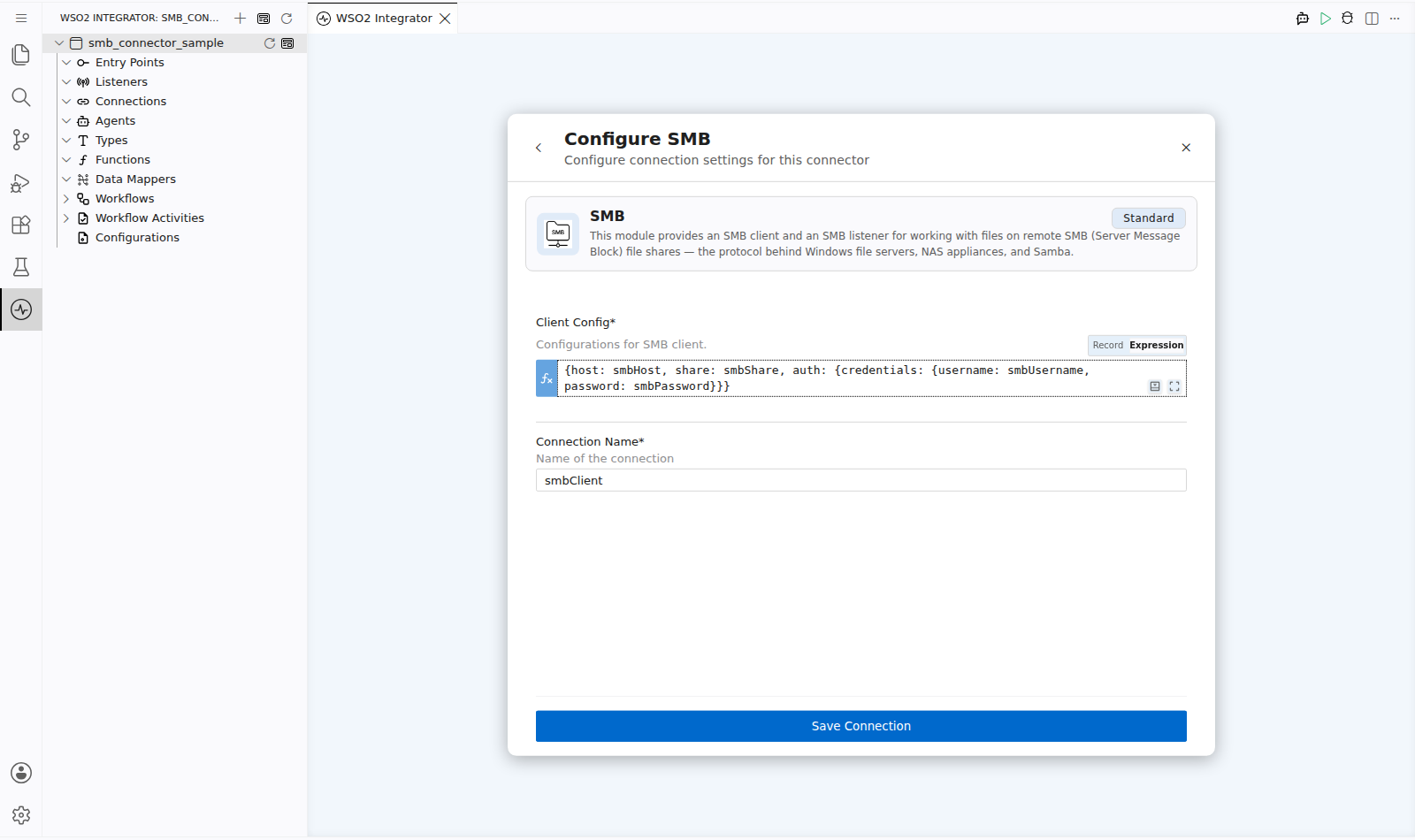 SMB connection form with all parameters bound before saving