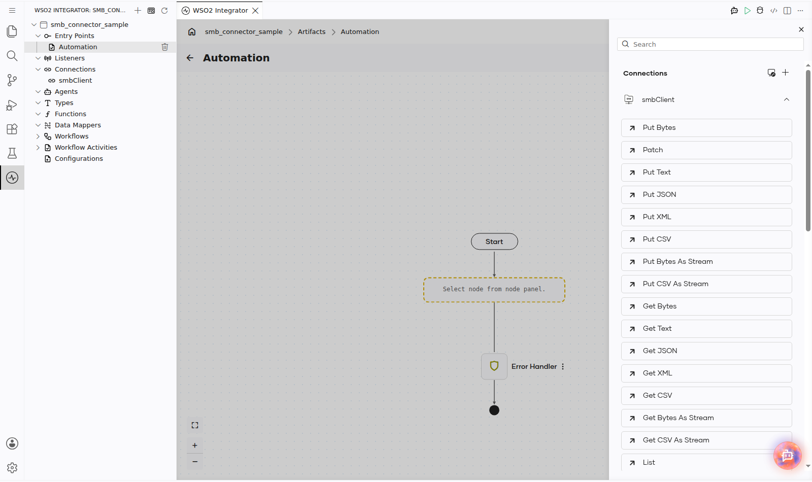 SMB connection expanded to display operations before selection