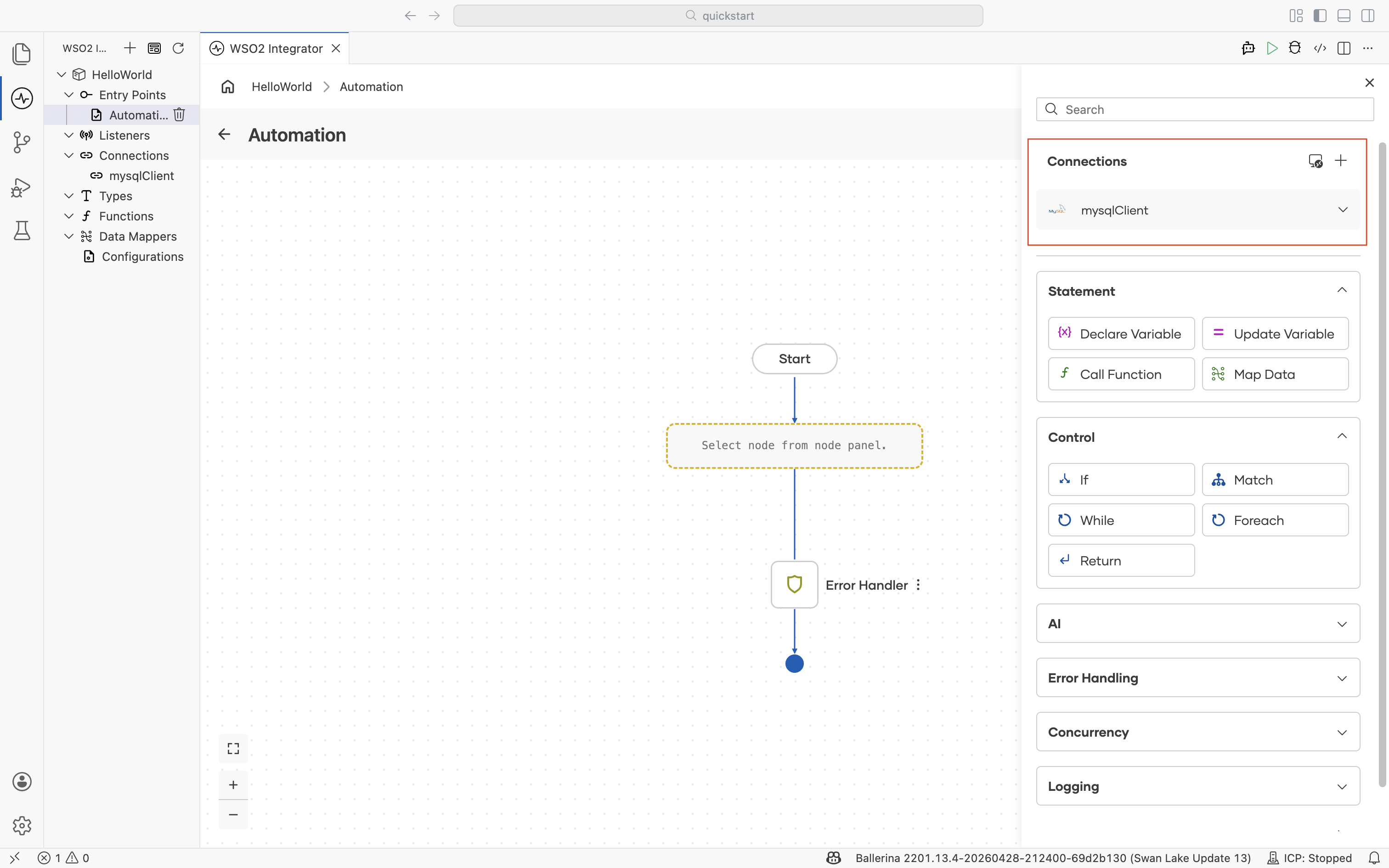 A connection in the node palette's Connections section