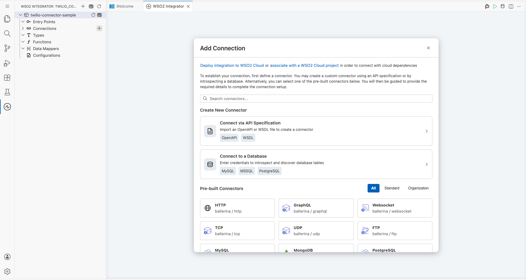 Twilio connector palette open with search field before any selection