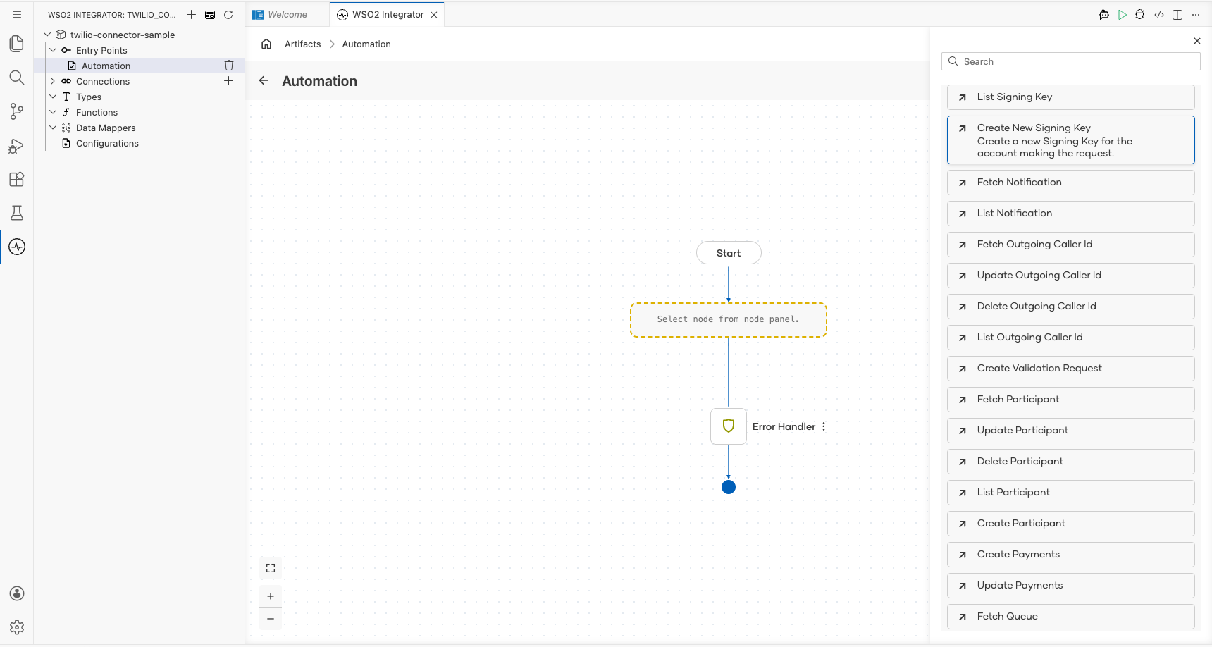 Twilio connection node expanded showing all available operations before selection