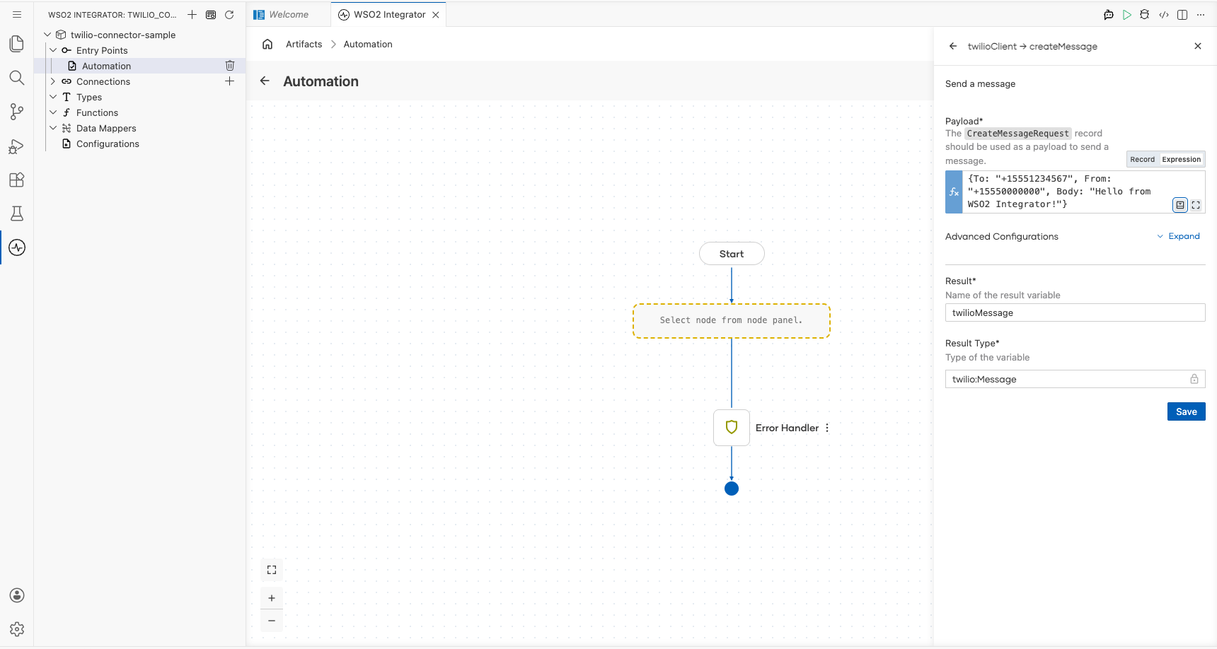 createMessage operation form filled with To, From, and Body payload