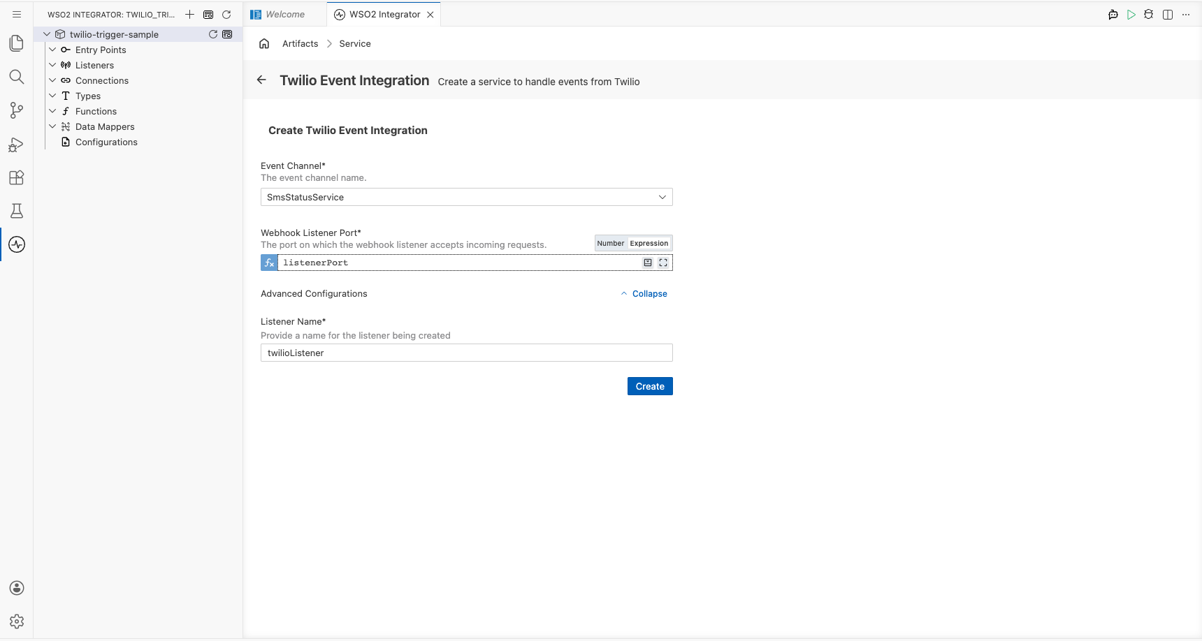 Twilio trigger configuration form fully filled with all listener parameters before clicking Create