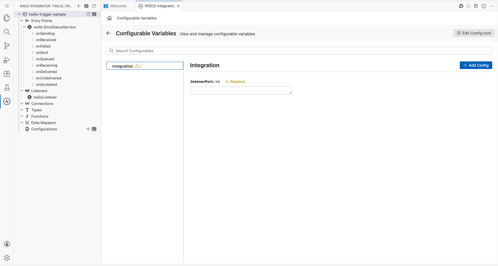 Configurations panel open showing the configurable variables listed with empty value fields
