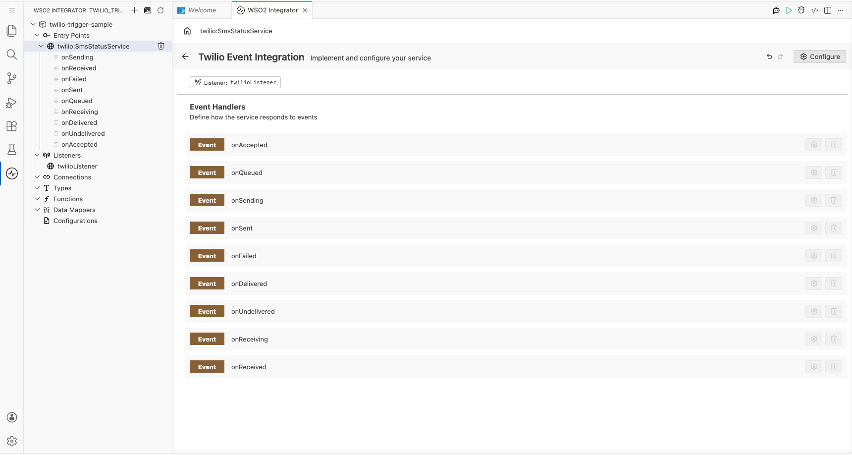 Auto-registered SmsStatusService event handlers showing all nine callbacks pre-wired at service creation time